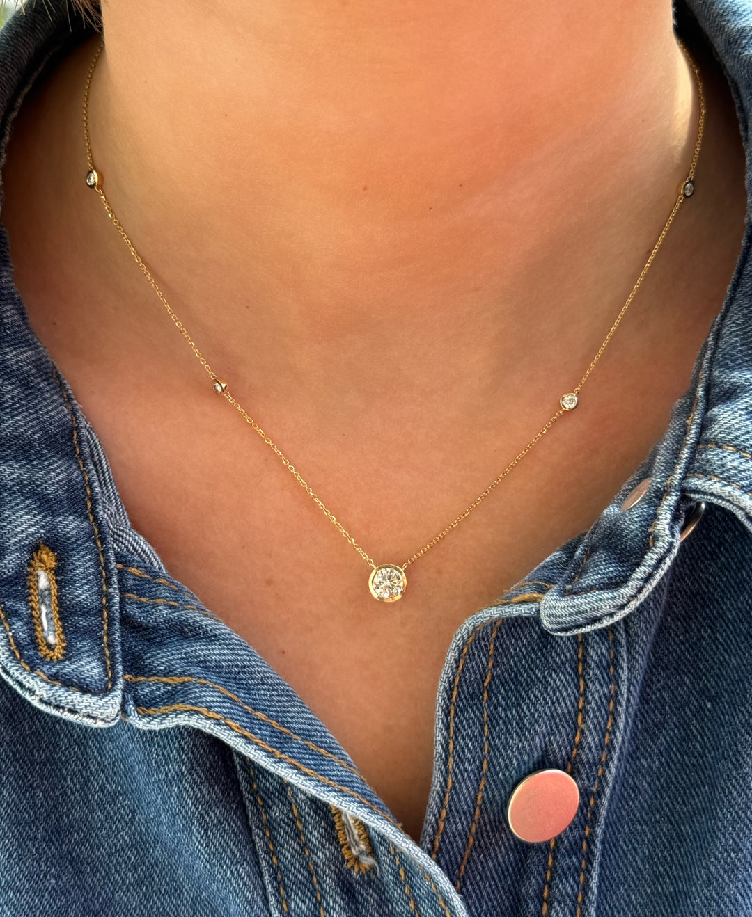 14KY 1.20 CTW Lab Grown Diamond Bezel Solitaire &amp; Station Necklace