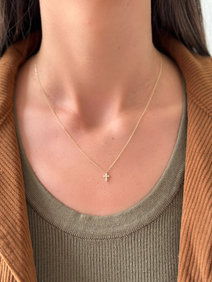 14K Petite Natural Diamond Cross Necklace