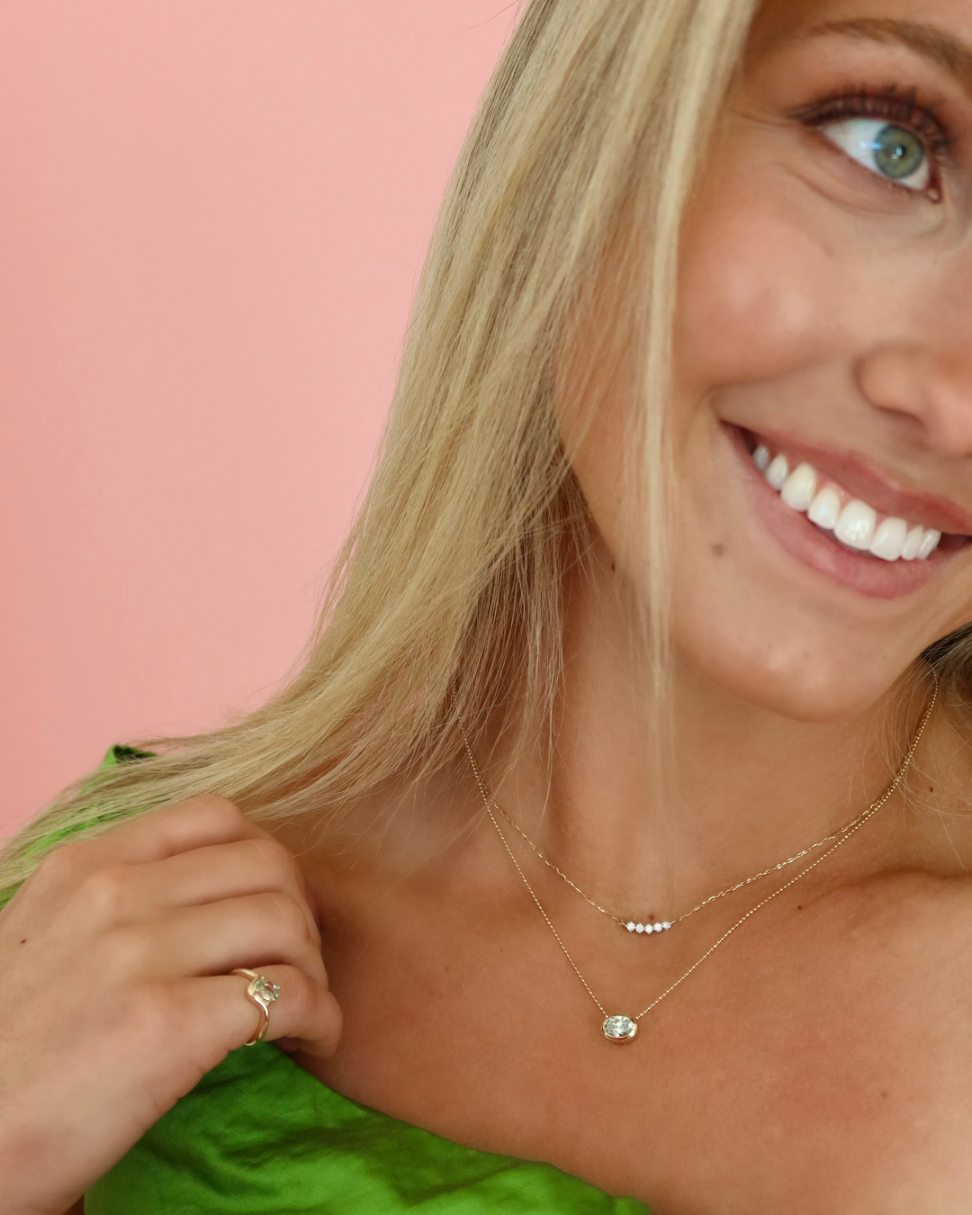 14K Two-Tone Compass-Set Diamond Curved Bar Necklace