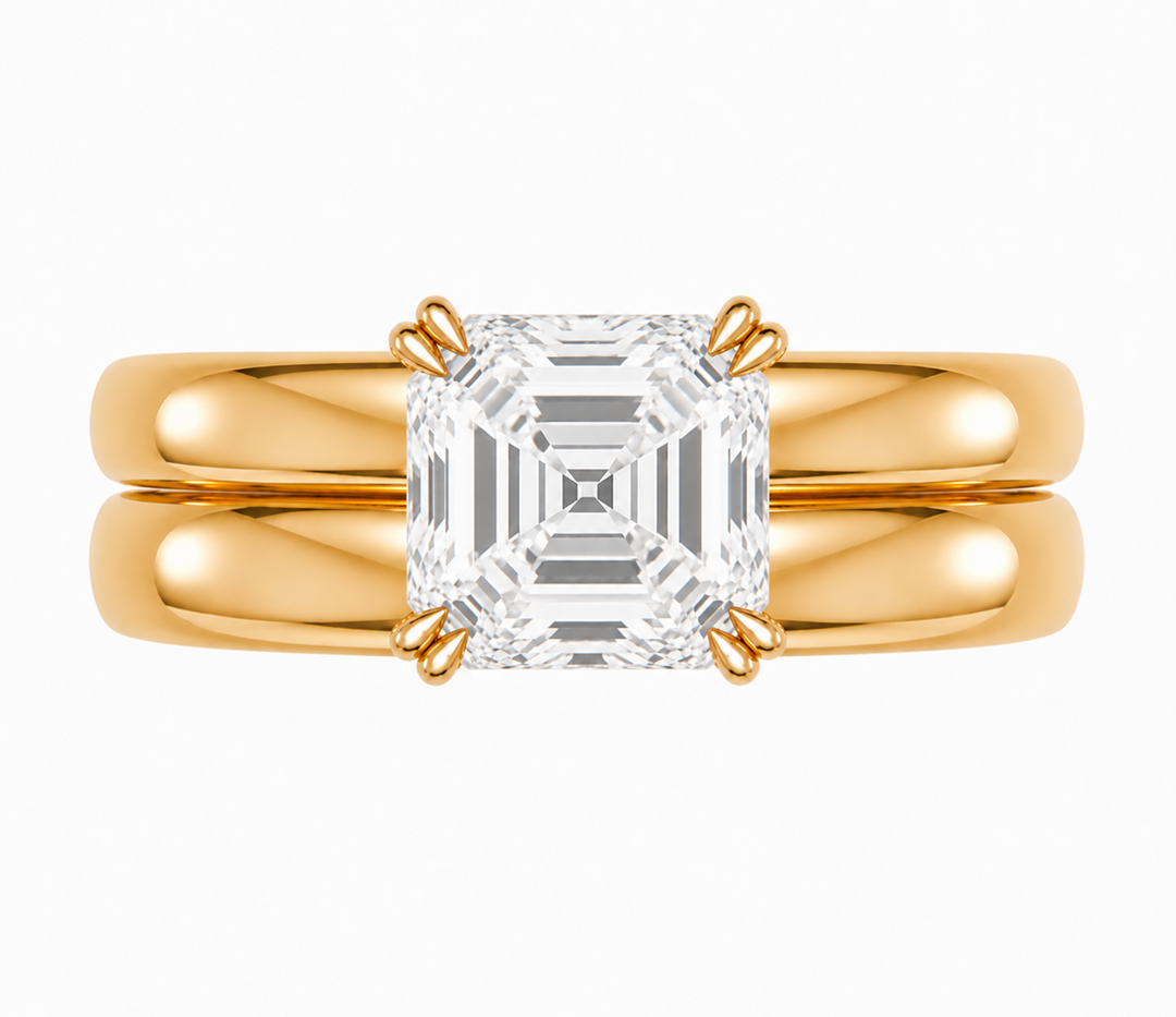 Frankie Signature Engagement Style: 14K yellow gold double dome band with an Asscher cut solitaire diamond.