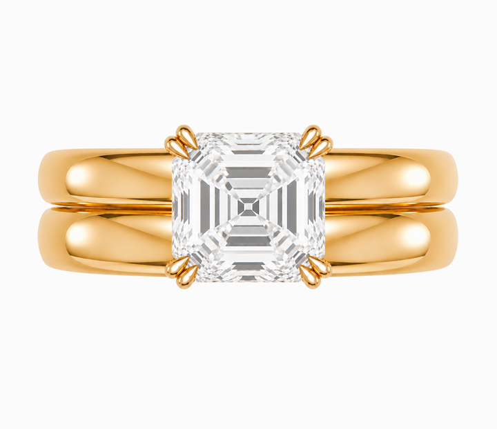 Frankie Signature Engagement Style: 14K yellow gold double dome band with an Asscher cut solitaire diamond.