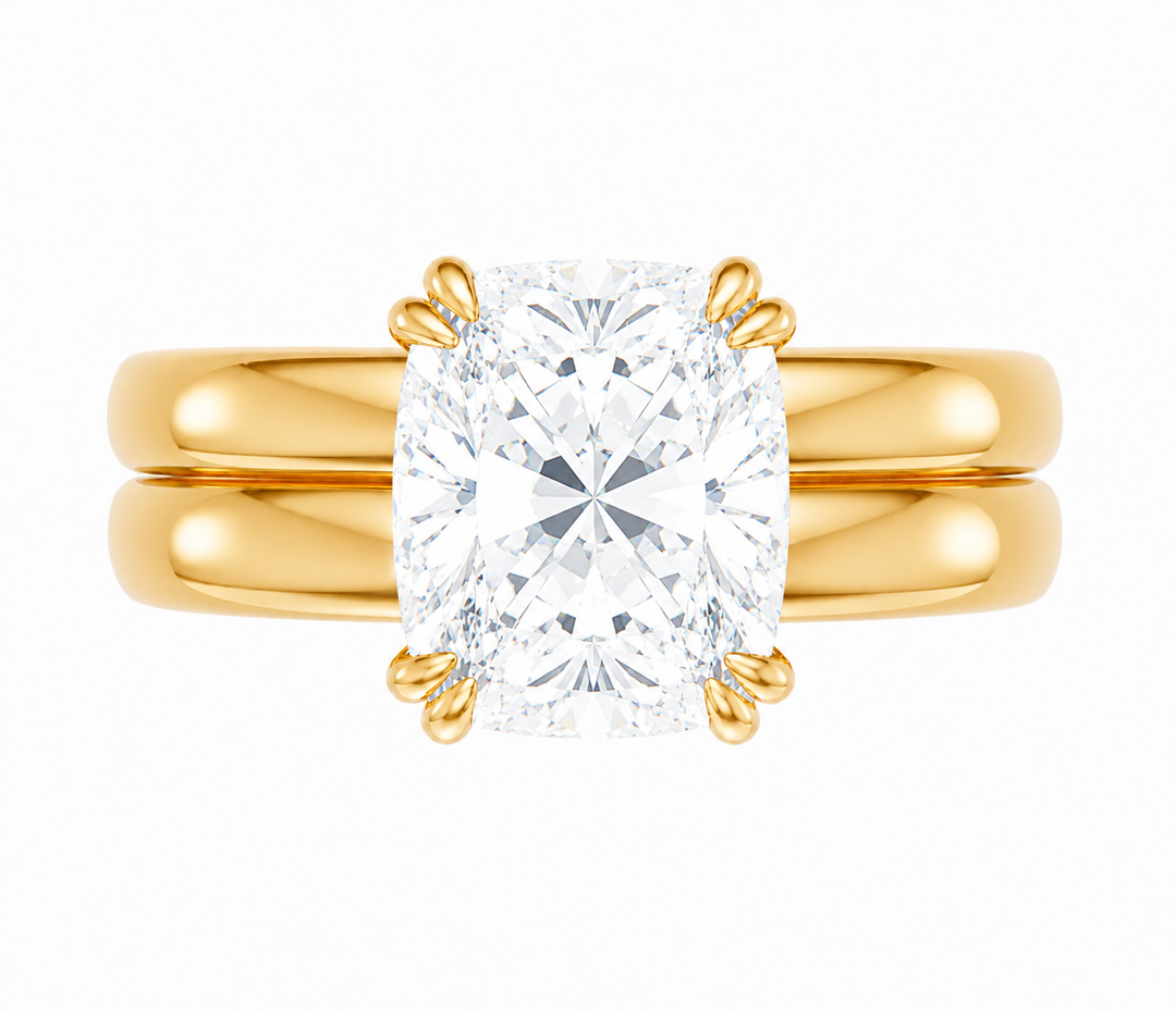 Frankie Signature Engagement Style: 14K yellow gold double dome band with a cushion cut solitaire diamond.