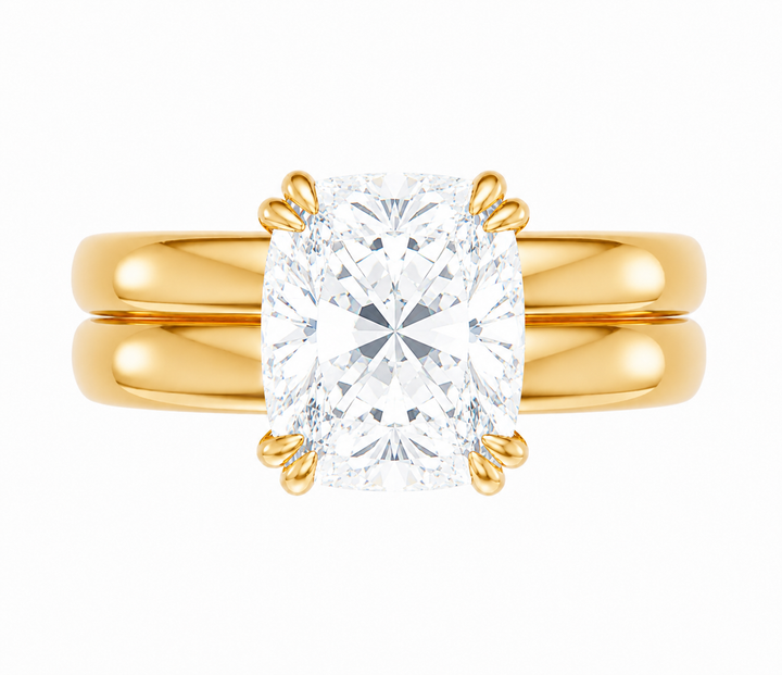 Frankie Signature Engagement Style: 14K yellow gold double dome band with a cushion cut solitaire diamond.