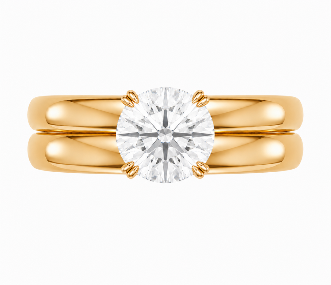 Frankie Signature Engagement Style: 14K yellow gold double dome band with a round solitaire diamond.