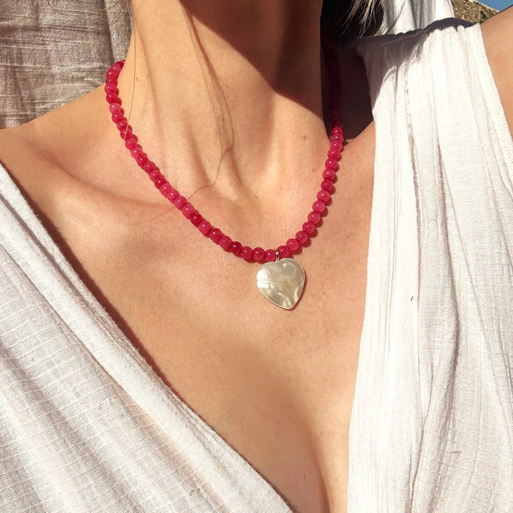 Fuchsia Jade & Mother of Pearl Heart Pendant Necklace