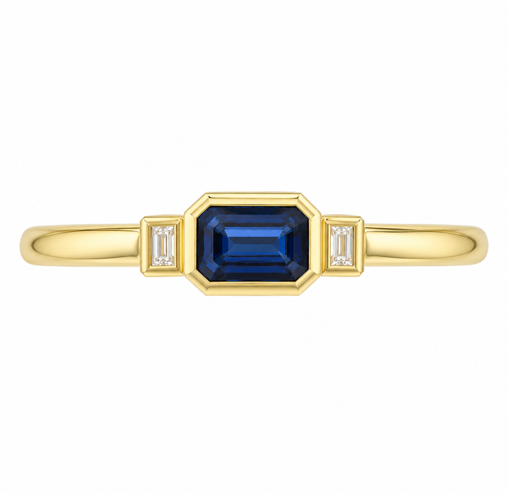 14K Blue Sapphire &amp; Diamond Three-Stone Ring