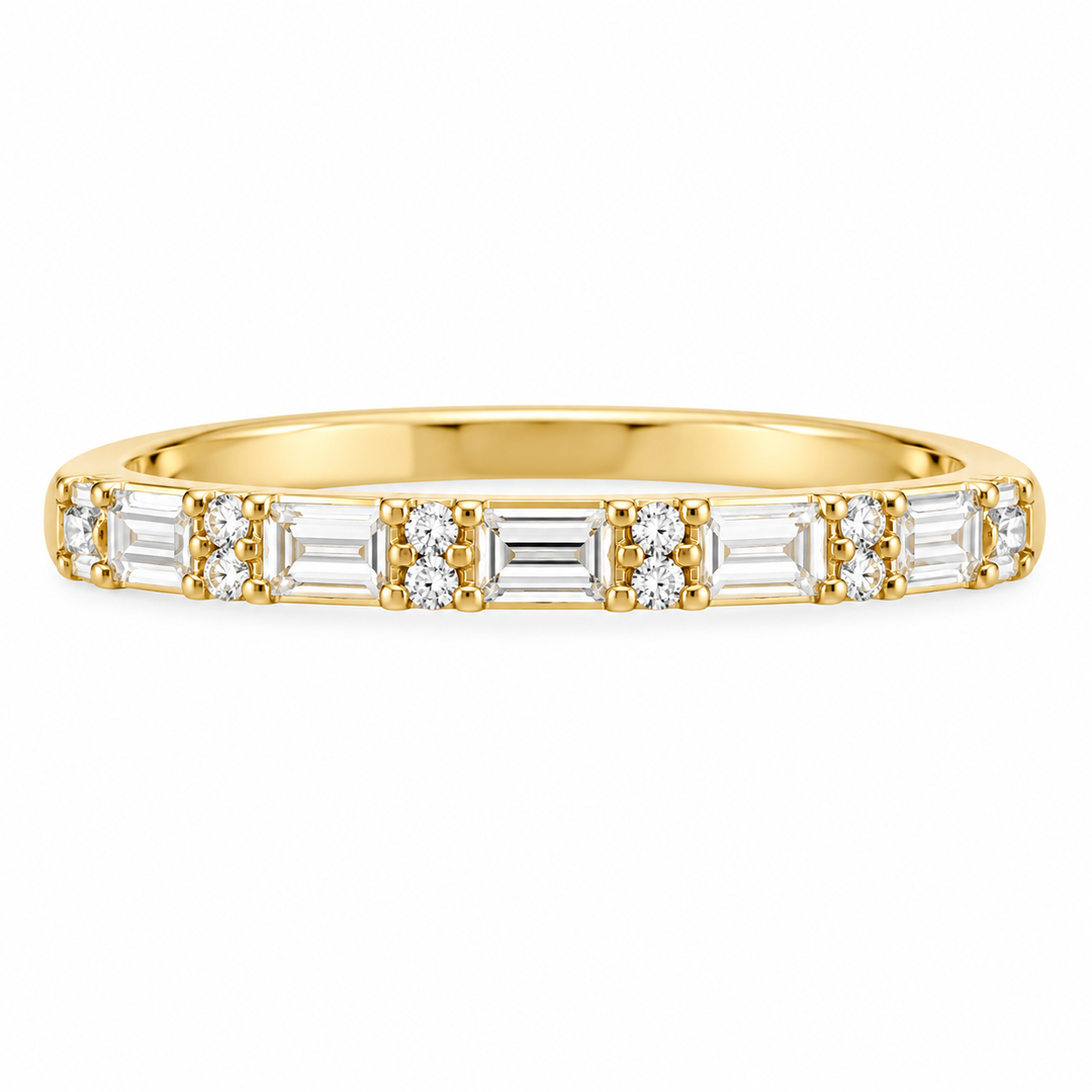 14K Baguette &amp; Round Diamond Double Row Band