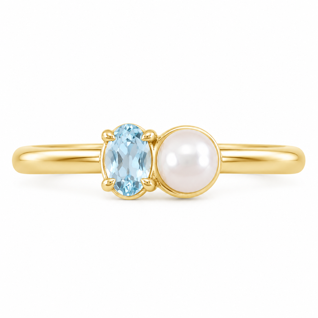 14K Gemstone &amp; Cultured White Akoya Pearl Ring