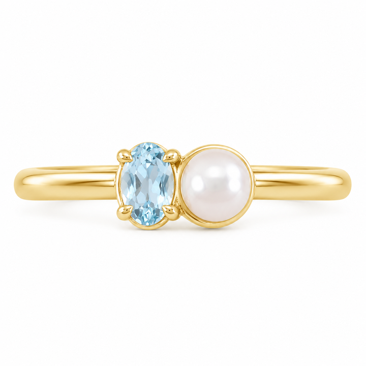 14K Gemstone &amp; Cultured White Akoya Pearl Ring