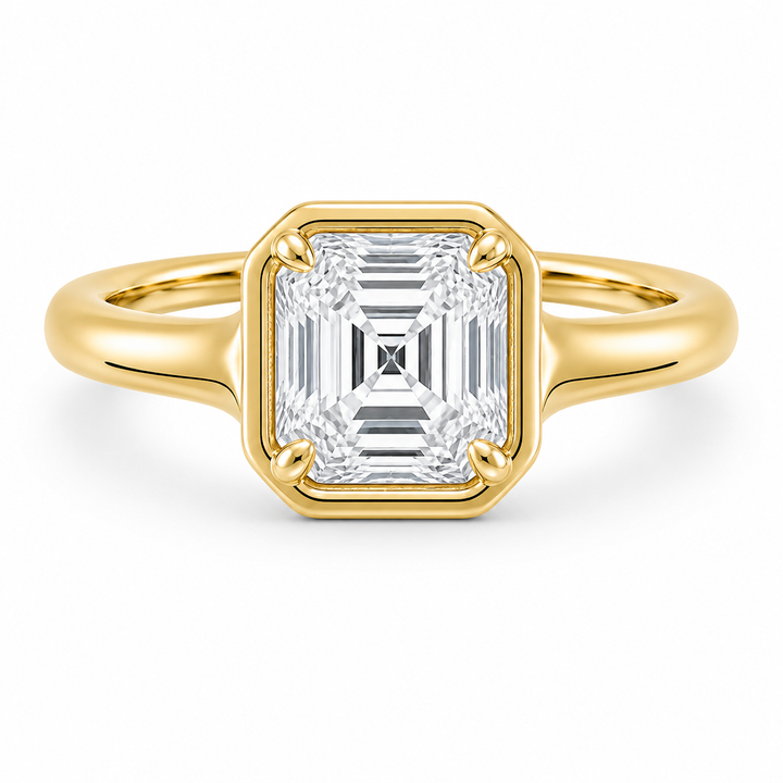Goldie Signature 14K yellow gold engagement ring with an Asscher cut diamond in a dome-like setting.