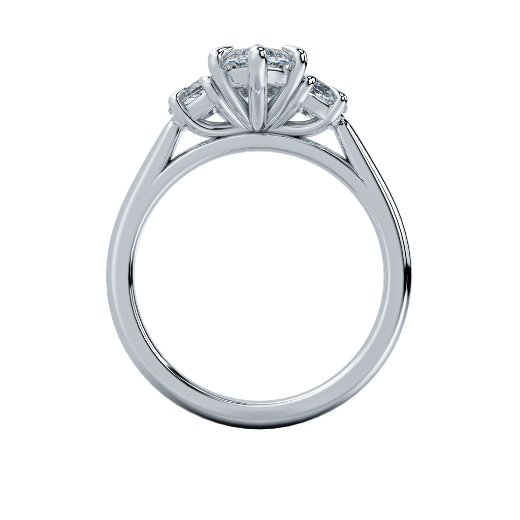 Hailey engagement ring: oval-cut diamond center stone with two side stones on a delicate gold band.