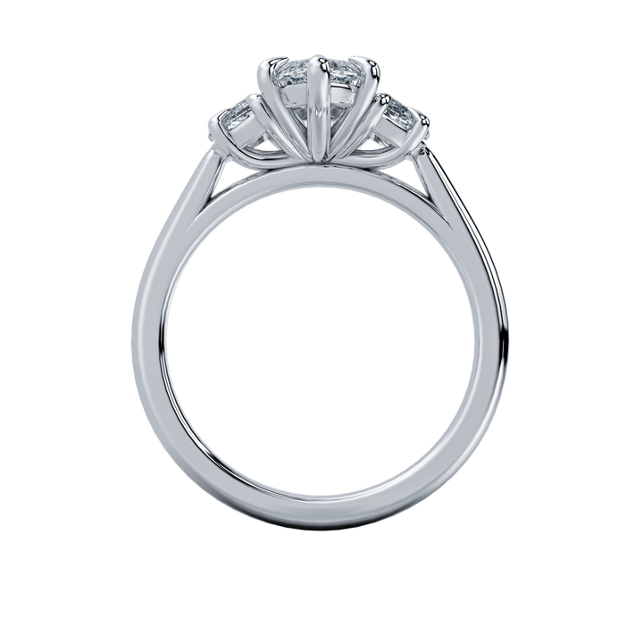 Hailey engagement ring: oval-cut diamond center stone with two side stones on a delicate gold band.