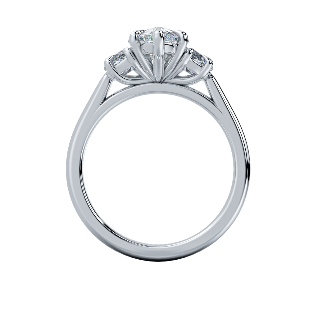 Hailey engagement ring with a brilliant oval-cut center diamond and two smaller side stones on a delicate gold band.