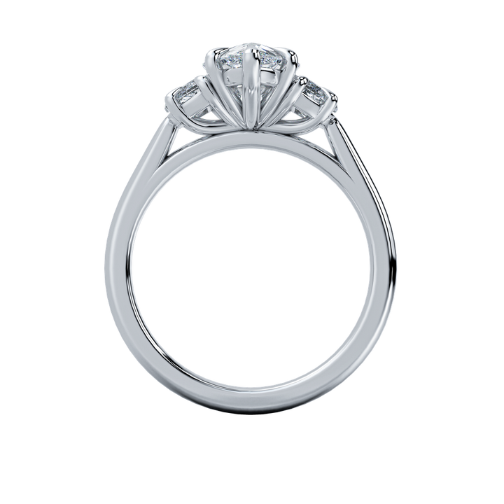 Hailey engagement ring with a brilliant oval-cut center diamond and two smaller side stones on a delicate gold band.