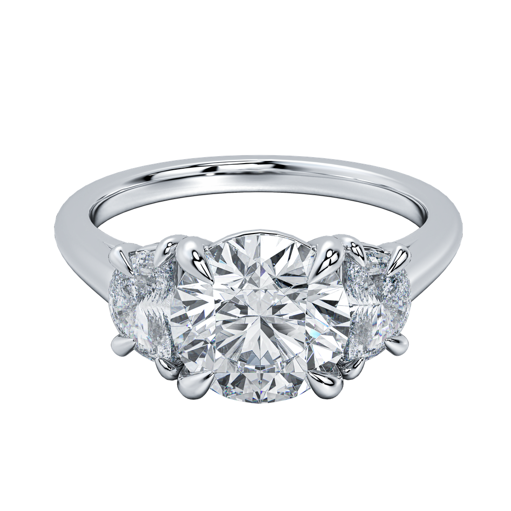 Hailey engagement ring with a large oval-cut diamond center stone and two smaller side diamonds on a silver band.