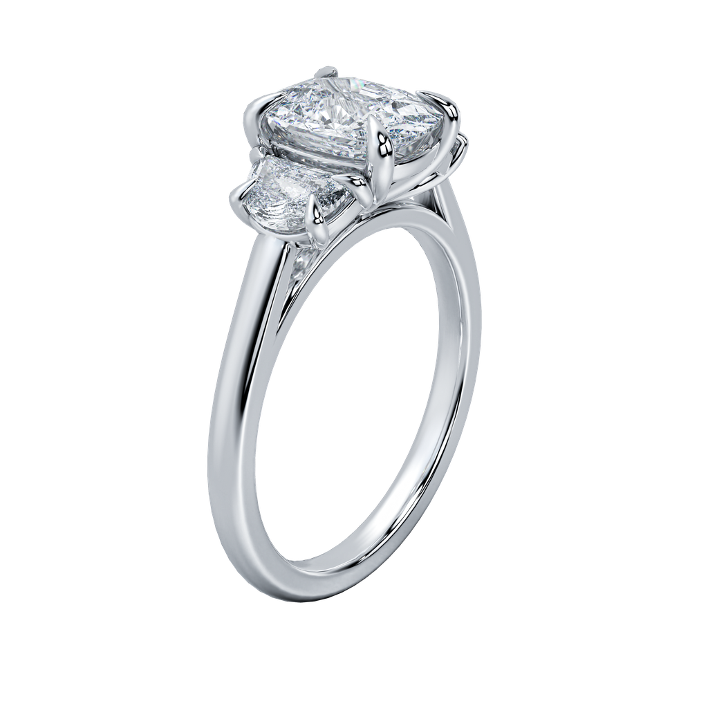 Hailey engagement ring: oval-cut diamond center stone with two side diamonds on a delicate gold band.