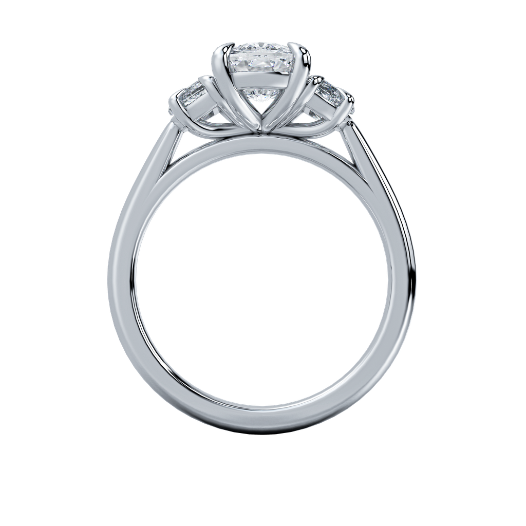 Hailey engagement ring with a brilliant oval-cut diamond center stone and two side diamonds on a delicate gold band.