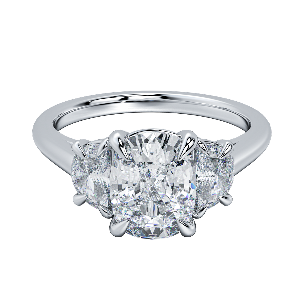 Hailey engagement ring with a large oval-cut diamond center stone and two smaller side diamonds on a delicate gold band.