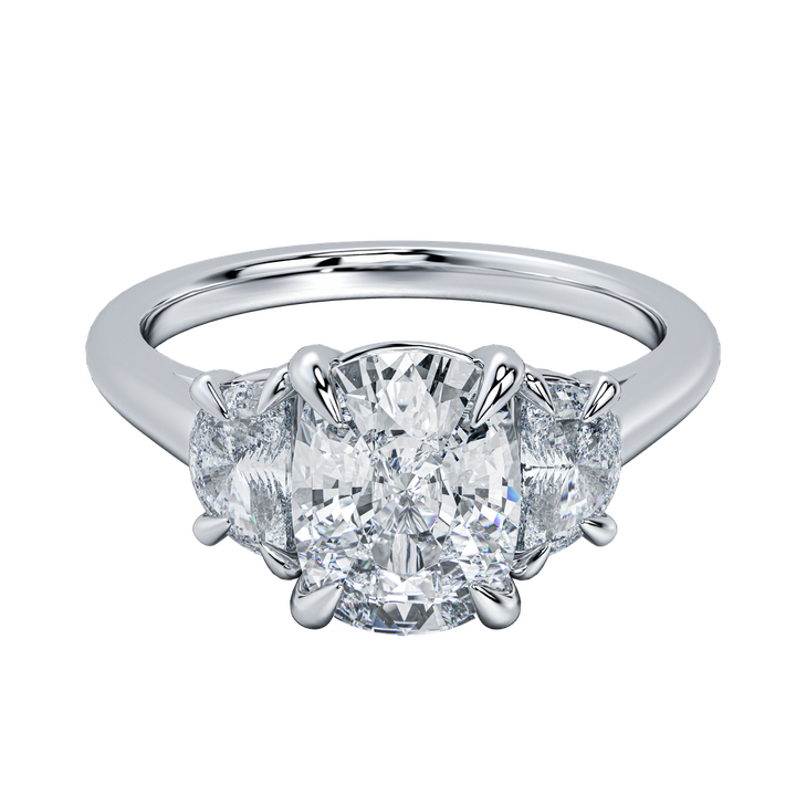 Hailey engagement ring with a large oval-cut diamond center stone and two smaller side diamonds on a delicate gold band.