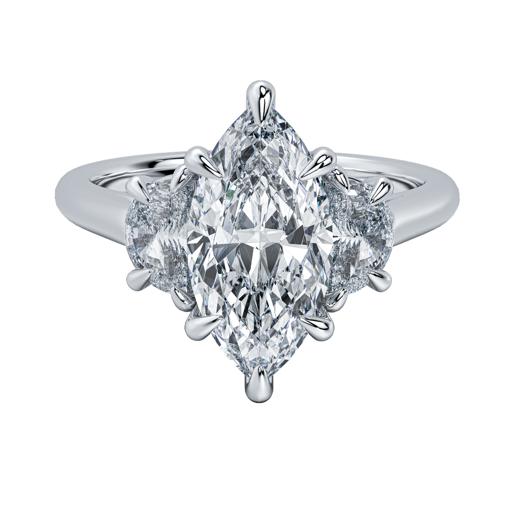 Hailey engagement ring with a large marquise-cut diamond center stone and two smaller side diamonds on a gold band.