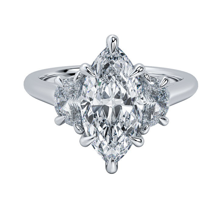 Hailey engagement ring with a large marquise-cut diamond center stone and two smaller side diamonds on a gold band.
