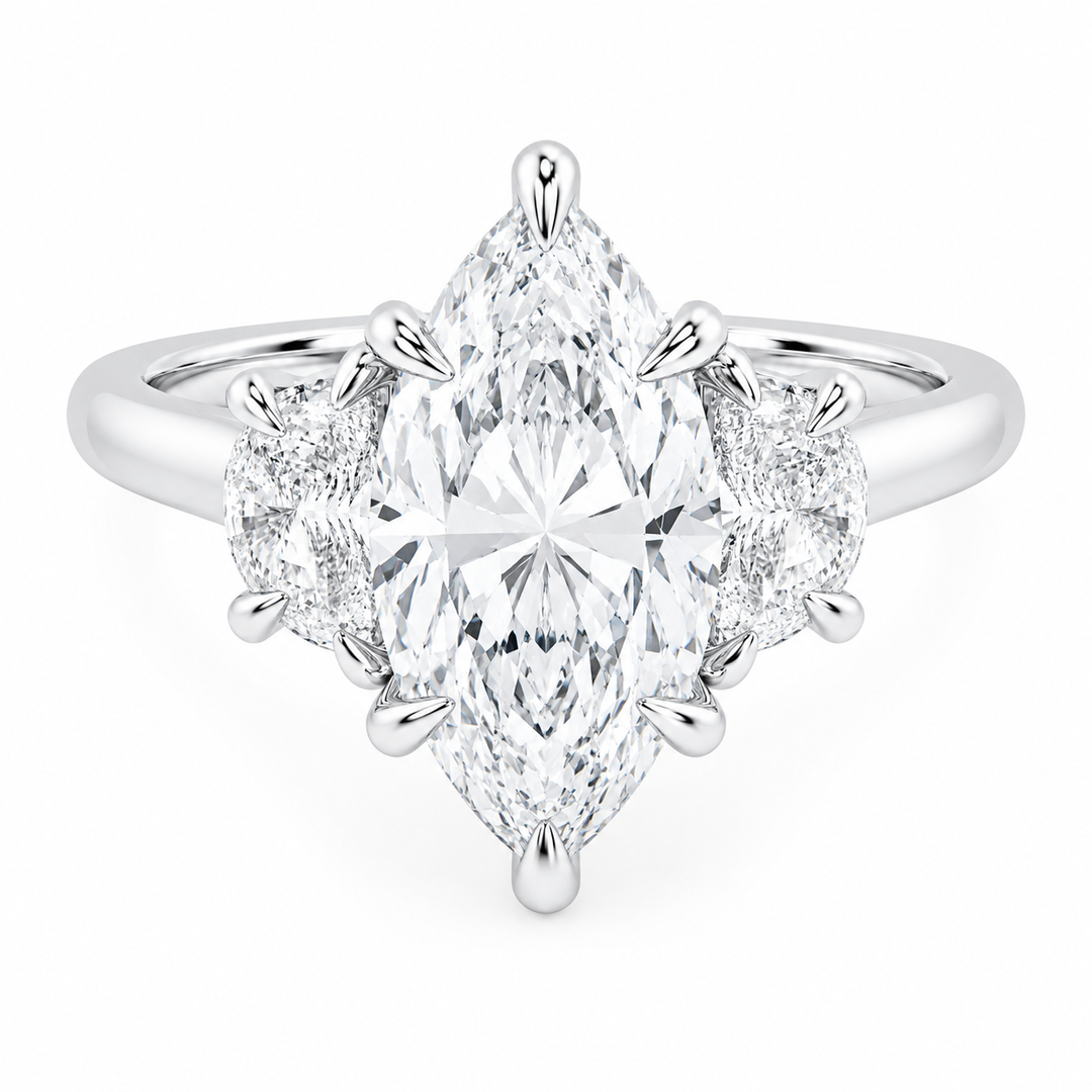 Hailey Signature 14K white gold engagement ring with a marquise center diamond and half moon side stones.