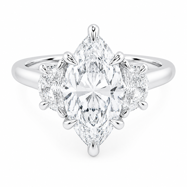 Hailey Signature 14K white gold engagement ring with a marquise center diamond and half moon side stones.