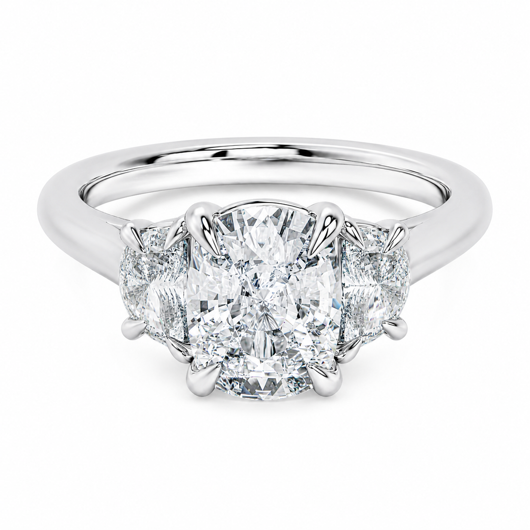 Hailey Signature 14K white gold engagement ring with a cushion-cut center and half-moon side diamonds.