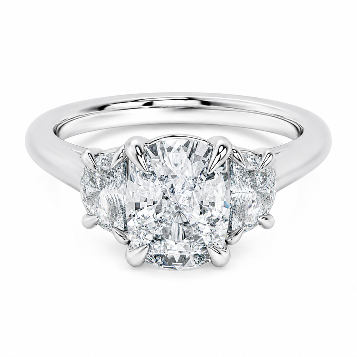 Hailey Signature 14K white gold engagement ring with a cushion-cut center and half-moon side diamonds.