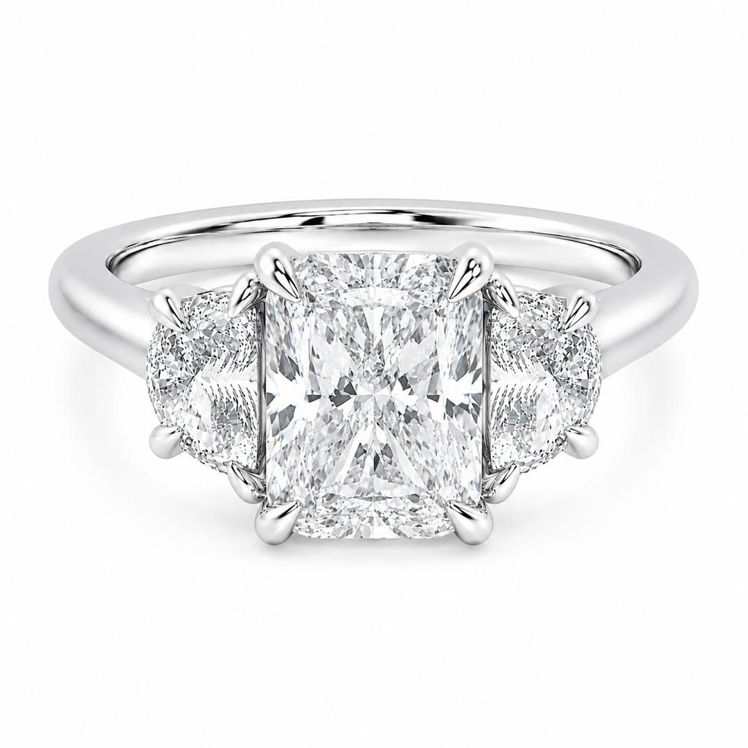 Hailey Signature 14K white gold engagement ring with a radiant center diamond and half-moon side stones.