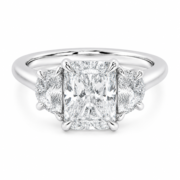 Hailey Signature 14K white gold engagement ring with a radiant center diamond and half-moon side stones.