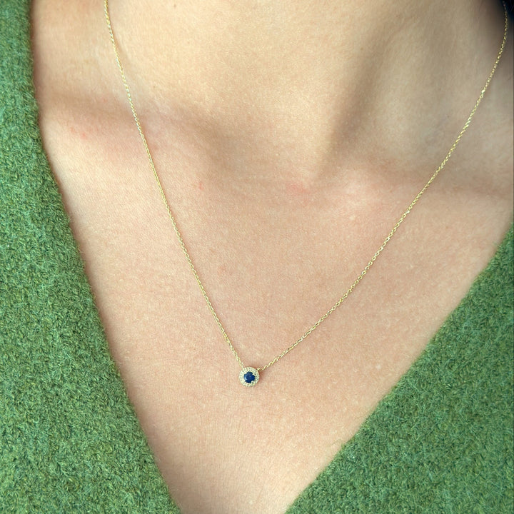 14K Blue Sapphire & Diamond Halo Necklace
