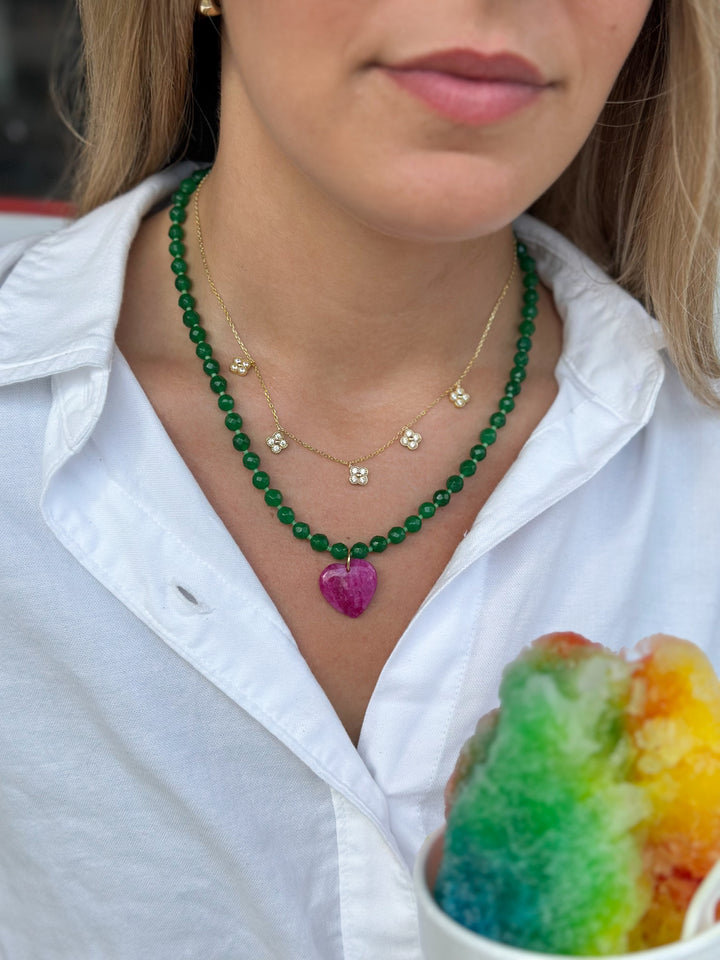 Green Jade & Fuchsia Heart Pendant Necklace