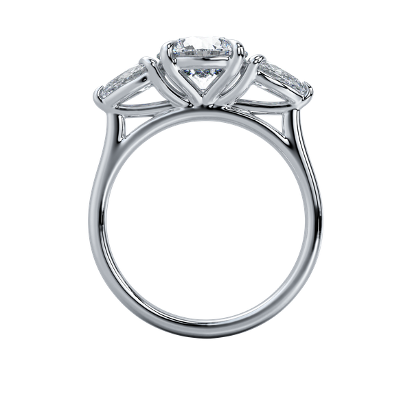 Silver three-stone engagement ring with a large center diamond and two smaller side diamonds.