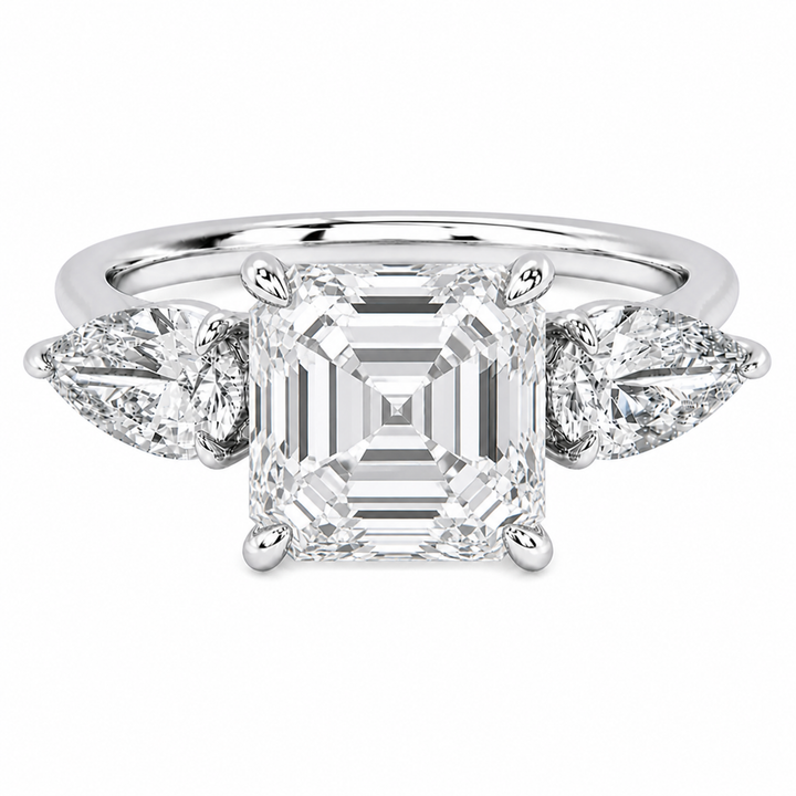 14K white gold Ivy Signature engagement ring with an Asscher cut center diamond and pear side stones.