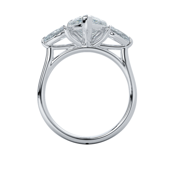 14K white gold Ivy Signature three-stone engagement ring with a large center diamond and two pear side stones.