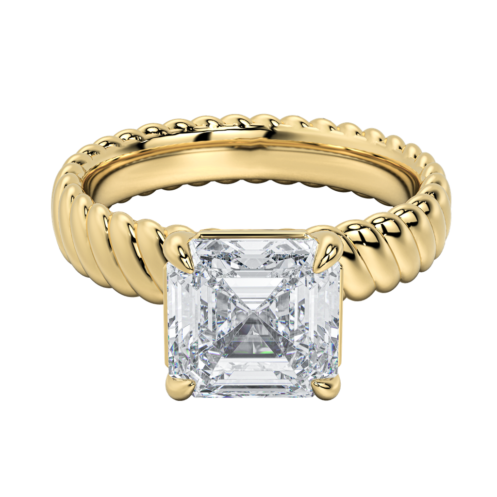 Jenn engagement ring with an emerald-cut diamond and intricate gold rope band.