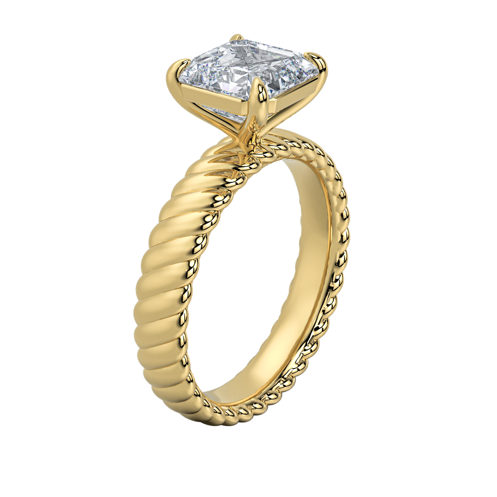 Jenn engagement ring: gold rope band with a sparkling emerald-cut diamond.