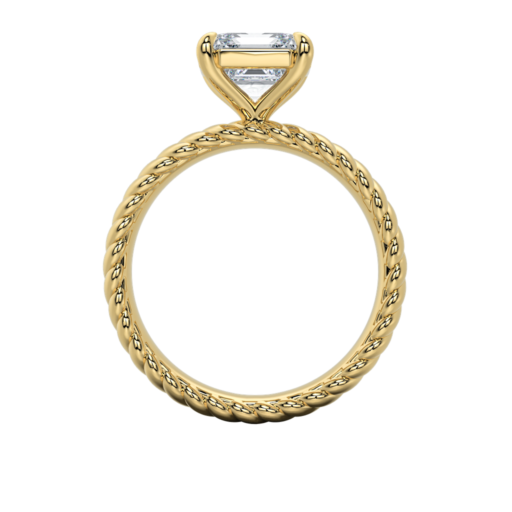 Jenn engagement ring: gold rope band with an emerald-cut diamond.