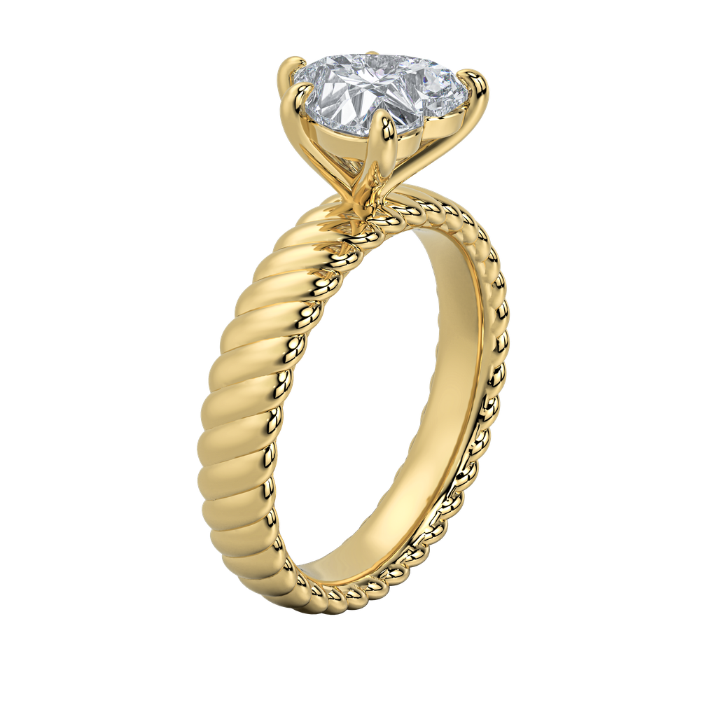 Gold engagement ring with an emerald-cut diamond and intricate rope band design.