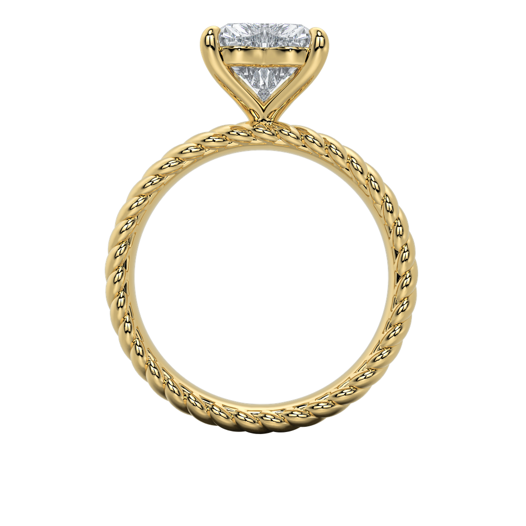 Jenn engagement ring with an emerald-cut diamond and intricate gold rope band.