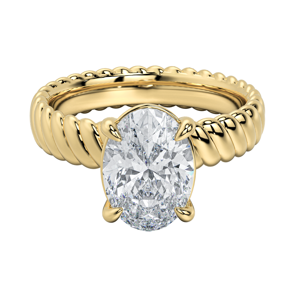 Jenn engagement ring with an oval diamond center stone and a yellow gold rope band.