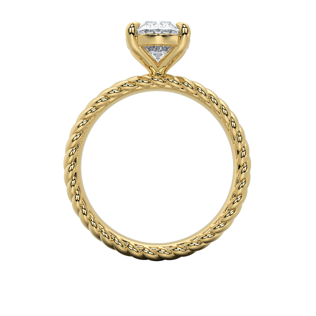 Jenn engagement ring: gold rope band with a sparkling emerald-cut diamond.