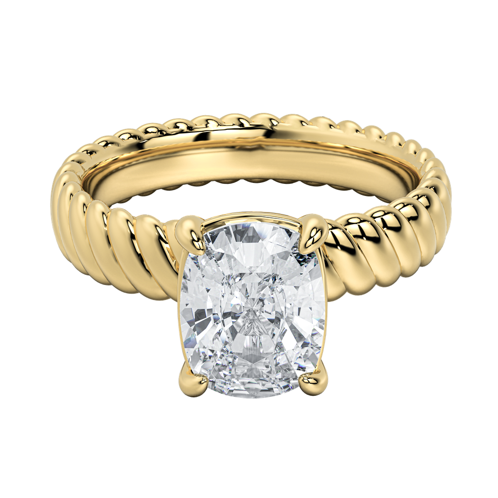 Jenn engagement ring: gold rope band with a cushion-cut diamond.