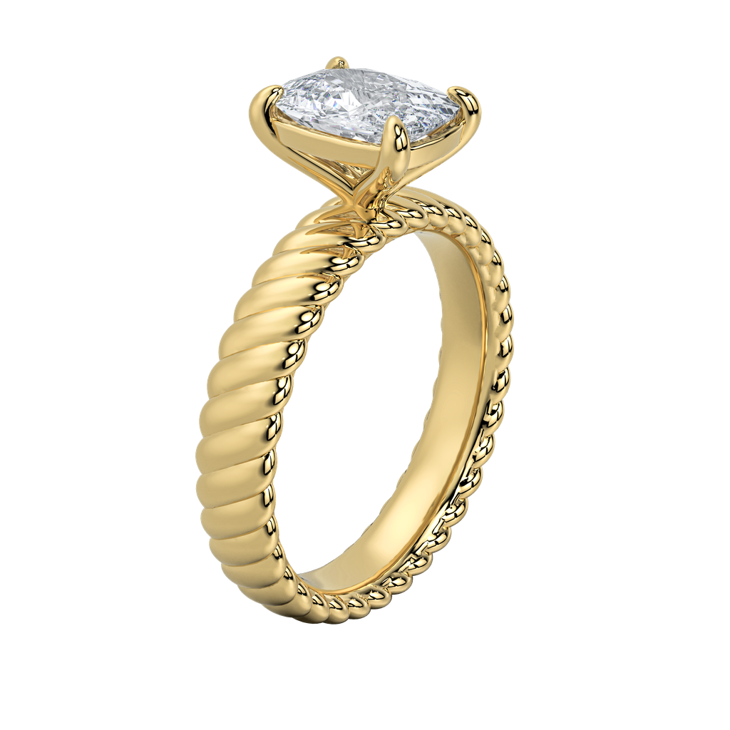 Jenn engagement ring: gold band with intricate rope design, emerald-cut diamond center stone.
