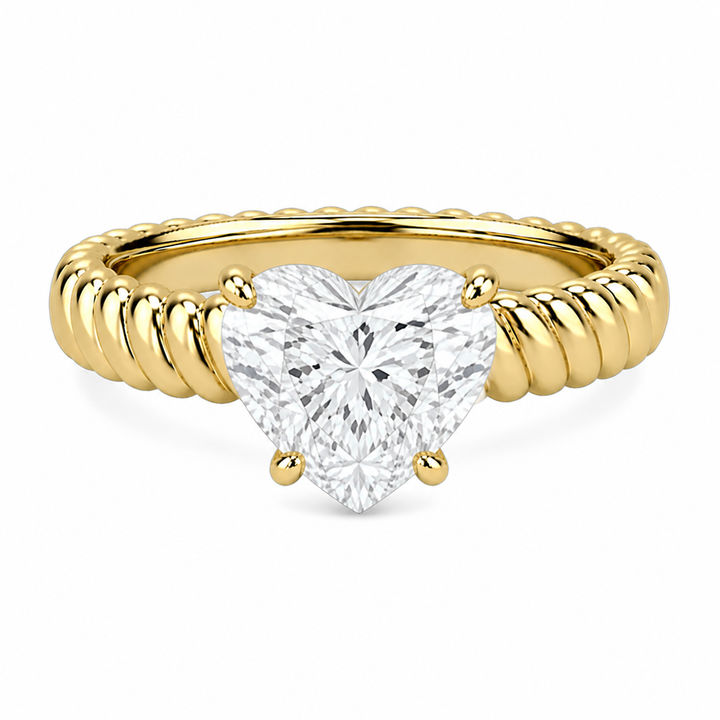 Jenn Signature 14K yellow gold engagement ring with a heart-shaped solitaire diamond and a domed rope band.