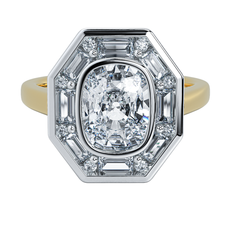 Josephine UNBRIDALED vintage-inspired engagement ring with cushion-cut diamond in an octagonal setting, gold band.