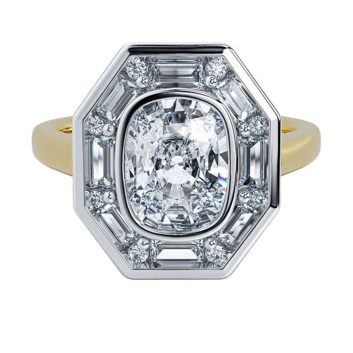 Josephine UNBRIDALED vintage-inspired engagement ring with cushion-cut diamond in an octagonal setting, gold band.
