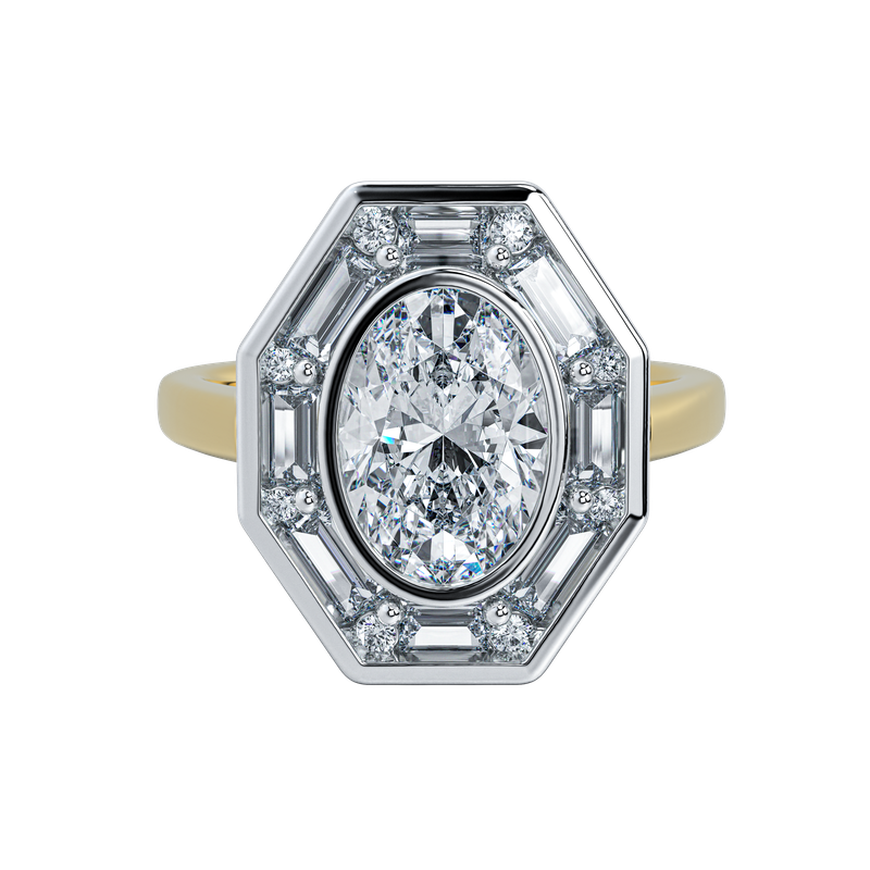 Josephine UNBRIDALED oval diamond engagement ring with octagonal halo, brilliant facets, and gold band.
