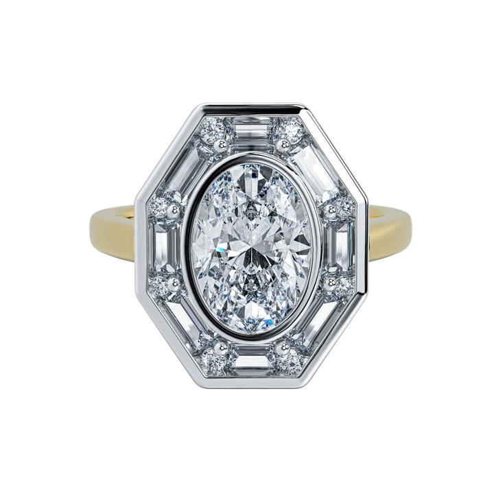 Josephine UNBRIDALED oval diamond engagement ring with octagonal halo, brilliant facets, and gold band.